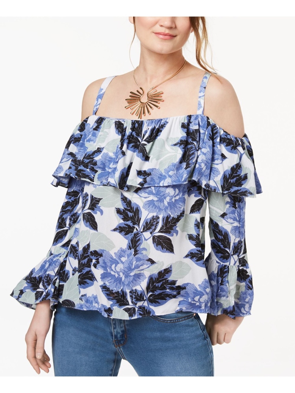 INC Blue/Gray/White Flowy Off Shoulder Top